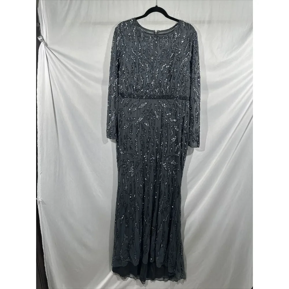 NWT $598 Mac Duggal [ 14 ] Beaded Long Sleeve‎ Evening Gown in Charcoal #S1107 - Picture 8 of 13